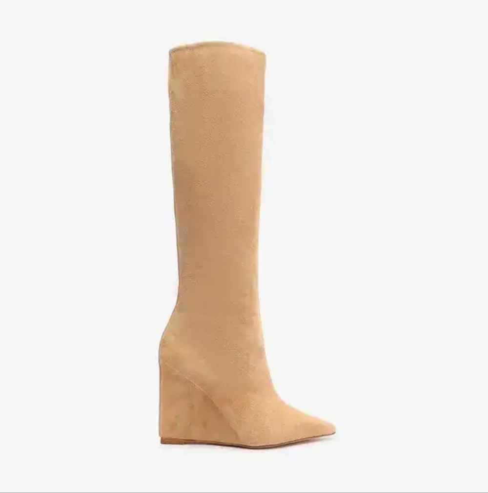 SCHUTZ Asya Up Suede Boot Size 6.5 True Beige Nude Wedge